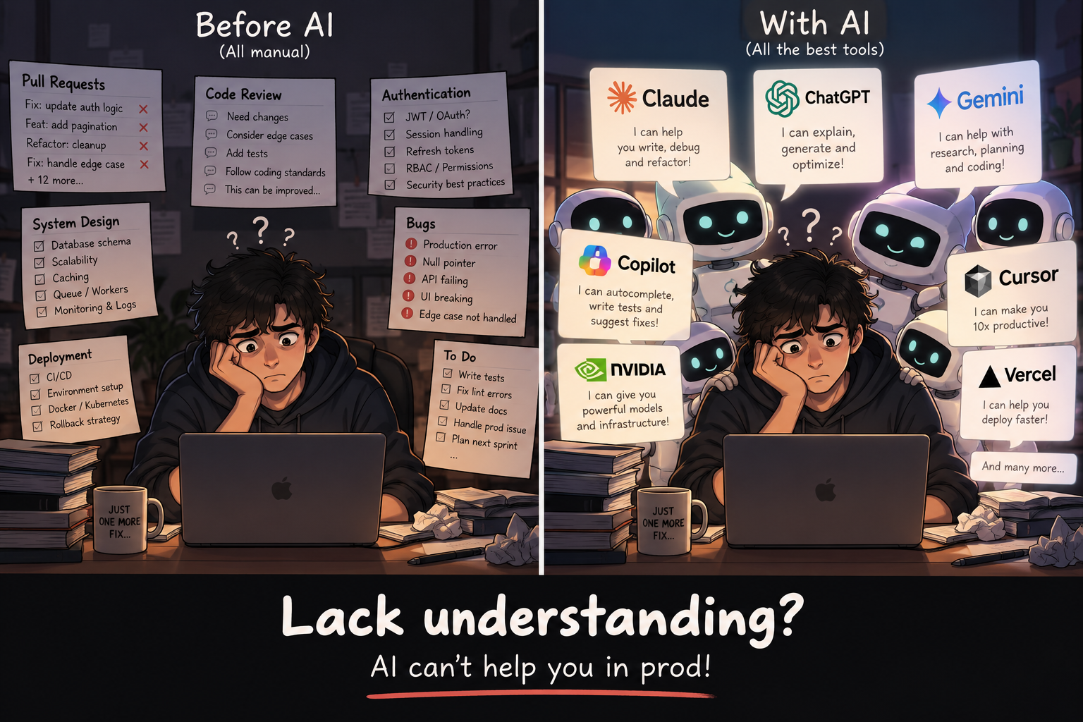 Split illustration — the same developer buried in manual pull requests, bugs and system design on one side, and surrounded by AI assistants offering help on the other. Caption reads: lack understanding? AI cannot help you in prod.